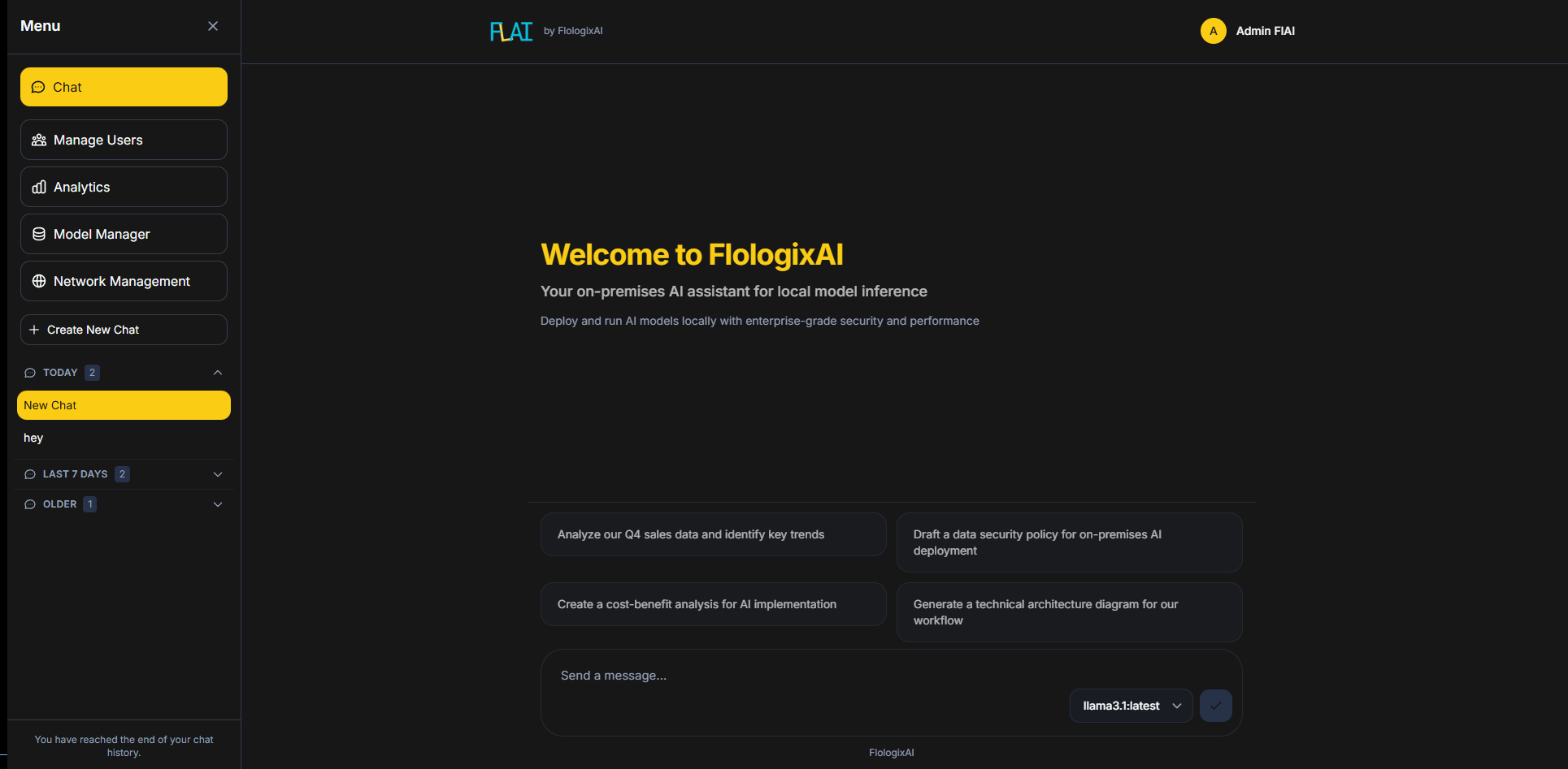 FLAI app — chat and suggested prompts